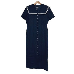 Postive Attitude size 14 blue + white sailor button up dress‎ linen rayon blend